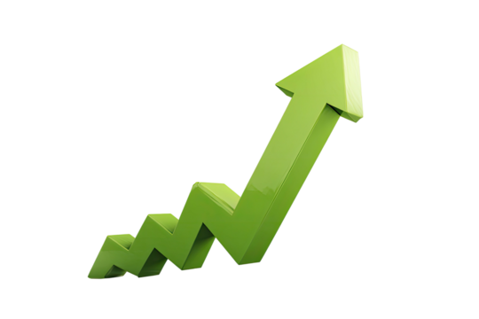 Green upward trending arrow against a stark black background - Powered by Adobe
