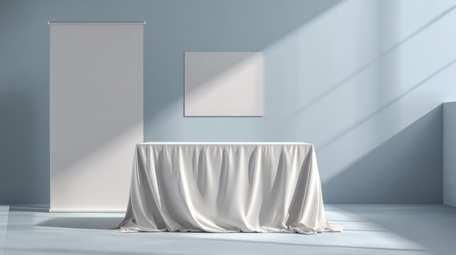 3D render of a trade show table with adjustable fabric cover and banner display in a modern booth