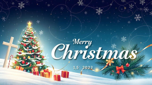 Christmas background image showing tree, cross, gifts, and snow with “Merry Christmas” text expressing reverent joyful holiday faith.
