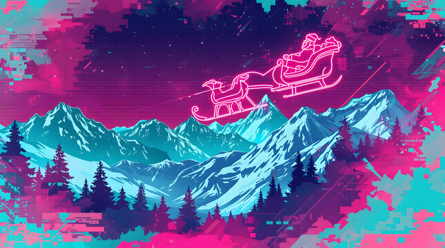 Christmas background image in neon glitch style showing Santa’s sleigh flying over mountains with bright cyberpunk colors.
- Powered by Adobe