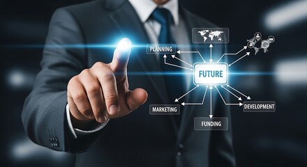 Businessman interacting with a futuristic holographic interface displaying future