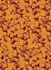 Abstract solid vector textile design, arrangement with a small monochrome jasmine silhouette flowers, all-over seamless pattern with orange tone color illustration, digital image printing factory