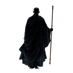 Monk's Serene Solitude: A solitary monk, shrouded in deep, rich robes, stands with a walking staff, a silhouette against an infinite expanse.