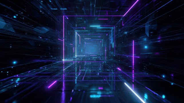 Abstract Neon Tunnel: A 3D Render of Digital Network Streams through a Futuristic Data Corridor