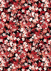Abstract solid vector textile design, arrangement with a small monochrome cherry silhouette flowers, all-over seamless pattern with red tone color illustration, digital image prints