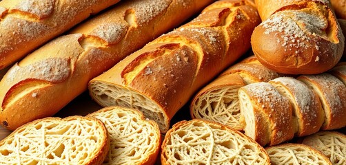 Golden-brown crusty loaves, sliced baguettes, rustic rolls, artful arrangement,   breakfast,  food