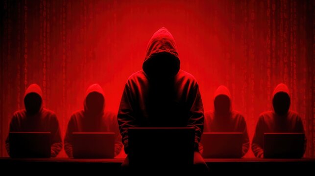 Cyber Threats Unveiled: Mysterious figures shrouded in shadow, hooded and anonymous, intensely focus on their glowing laptop screens. They sit in a dim room bathed in an ominous red glow.