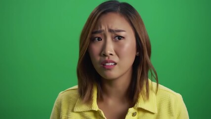A young Asian woman with a confused and uncertain expression shrugging her shoulders on a green screen background indicating a lack of knowledge or understanding. - Powered by Adobe