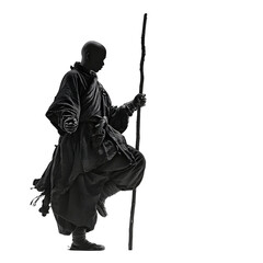 Mystical Monk Silhouette: A solitary monk, draped in traditional robes, strides forward with unwavering resolve. He grips a staff, embodying tranquility and contemplation.