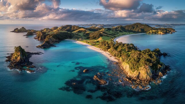 Aerial panorama of the Bay of Islands: turquoise water, emerald islets, and winding coastline