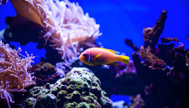 Brightly colored fish with yellow tail and orange body glides through vivid coral and anemones in a glowing blue-lit aquarium scene.