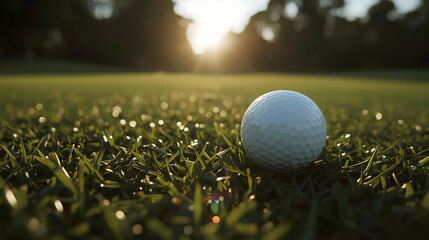 Close-up of a white golf ball on green grass at sunrise