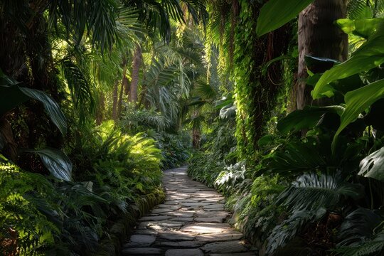 Alleyway in a tropical garden: sunlit path between lush greenery - Powered by Adobe