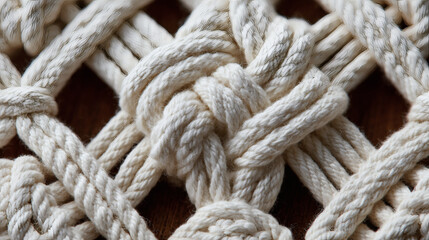 Close-up view of intricate macrame knot work made from thick cream-colored rope, forming a decorative pattern.