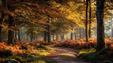 Amber Foliage and Mossy Trunks along an Autumn Forest Path