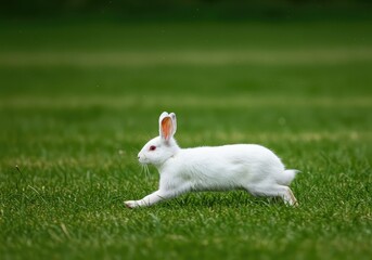 A fluffy white rabbit running quickly across a lush green meadow, ears back, moving with great urgency. Its fur is bright and clean ,pure ,mammal ,speed