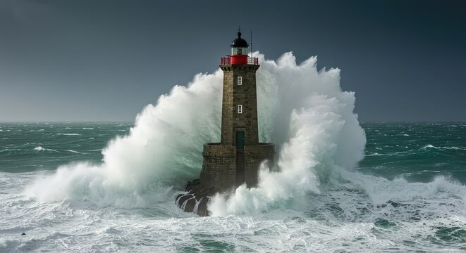 A dramatic stone lighthouse stands firm against massive ocean waves and fierce rain during a powerful, dangerous coastal storm ,windy ,dangerous ,nature
