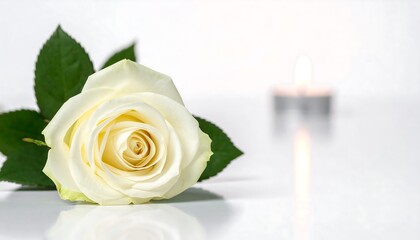 A delicate white rose rests on a reflective surface next to a softly blurred, lit candle. The focus is on the rose's beauty