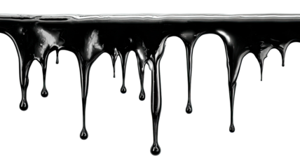Glossy black liquid drips down, against a stark black background