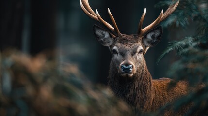 Majestic deer portrait in a serene forest environment with detailed antlers