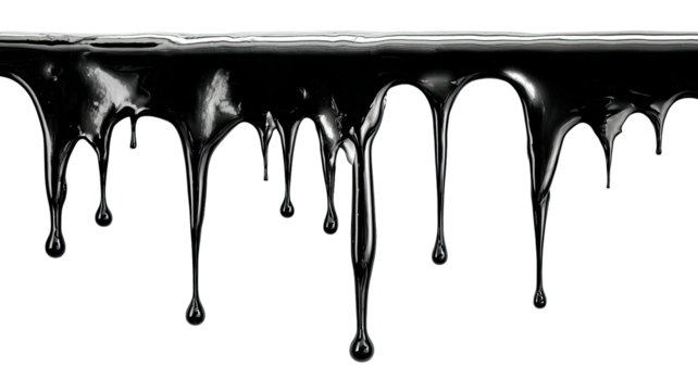 Glossy black liquid drips down, against a stark black background