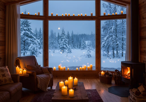 Cozy cabin interior with snowy forest view - Powered by Adobe