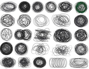 A collection of various hand-drawn, scribbled shapes against a plain white backdrop. The shapes show a mix of circles and chaotic lines