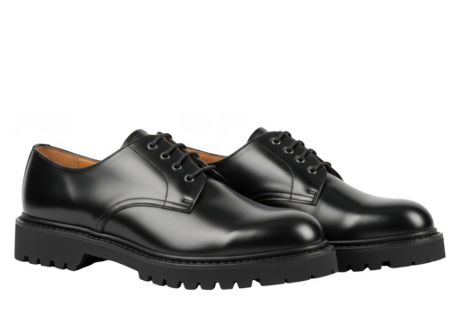 A pair of classic black leather derby shoes with thick soles