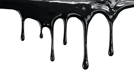 Black liquid drips, glistening; stark contrast on a void background
