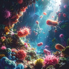 A fantastical, vibrant underwater scene teeming with diverse, colorful microbe-like organisms. Beams of light filter down