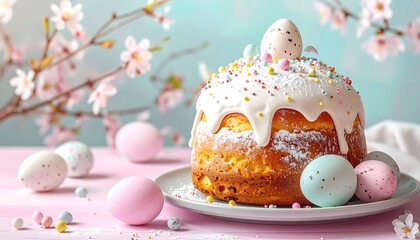 A delightful Easter scene features a traditional baked cake with white frosting and colorful sprinkles, surrounded by decorated eggs and blossoms