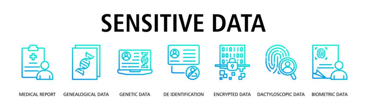 Sensitive Data banner web icon vector illustration concept with icon of medical report, genealogical data, genetic data, de identification, encrypted data, dactyloscopic data