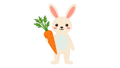 A cute cartoon bunny with pink inner ears and rosy cheeks, holding a large orange carrot with green leafy top