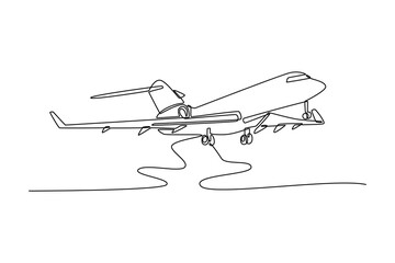 Fototapeta premium private airlines, transportation. The plane takes off. Landing and take off plane concept. Single line draw design. Vector graphic illustration