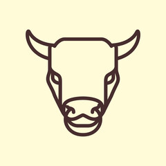 Stylized brown bull head with horns and nose ring line art icon on a light background.