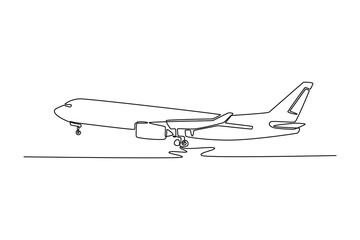 White Airplane Take Off And Landing Flying. Landing and take off plane concept. Single line draw design. Vector graphic illustration