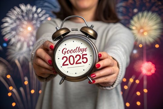 New Year’s Eve fireworks and glowing midnight celebration background. Goodbye 2025 celebration concept. Suitable for marketing or business purposes