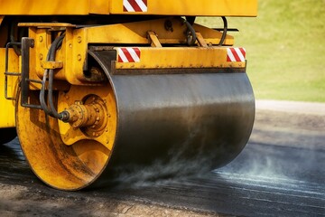 Heavy asphalt roller machine compressing hot road surface during paving works, construction close-up
