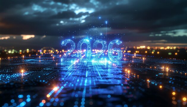 Stunning neon 2026 numbers illuminate a futuristic digital landscape with glowing city lights in the distance, signifying innovation and progress.