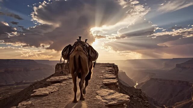 A lone pack mule walks along a narrow cliff trail in a vast canyon, heading towards a dramatic sunset with stunning sunbeams, a concept of an epic journey