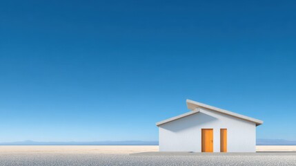 Naklejka premium Serene Minimalism: A modern dwelling stands in stark contrast against a vast, clear blue sky, exuding a sense of tranquility and space. 