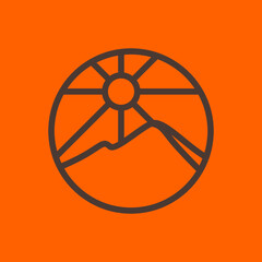 Minimalist sun and mountain landscape line art icon.