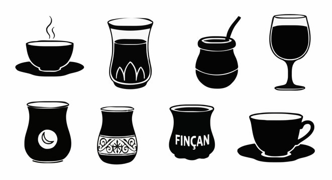 Diverse collection of beverage containers in black silhouette style, featuring various cups, glasses, and mugs for tea, coffee, and wine, ideal for graphic design elements