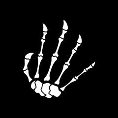White skeleton hand illustration on a solid black background.