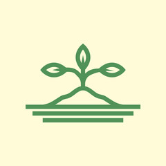 Minimalist green plant sprout growing from soil logo.