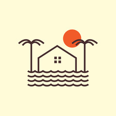 Minimalist line art illustration of a flooded coastal house at sunset.