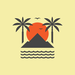 Retro tropical island sunset with palm trees and ocean waves.