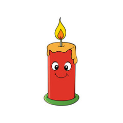 Smiling red cartoon candle with a burning flame isolated on white background