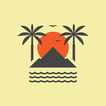 Retro tropical island sunset with palm trees and ocean waves.
