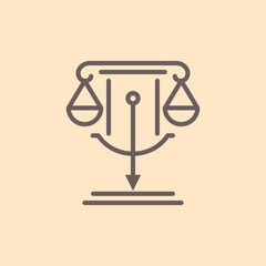 Minimalist line art icon of justice scales with a downward arrow.